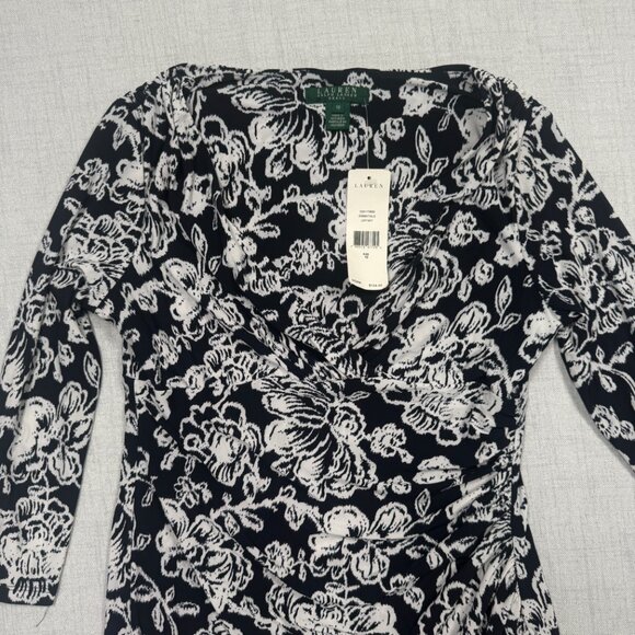 Lauren Ralph Lauren Dress Floral Print Cowl Neck Light Navy Stretch Size 10 NWT - Picture 3 of 10